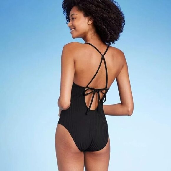 Shade & Shore Women’s Ribbed Bead Knot Detail One-Piece Swimsuit - Size M NWT - Picture 2 of 15